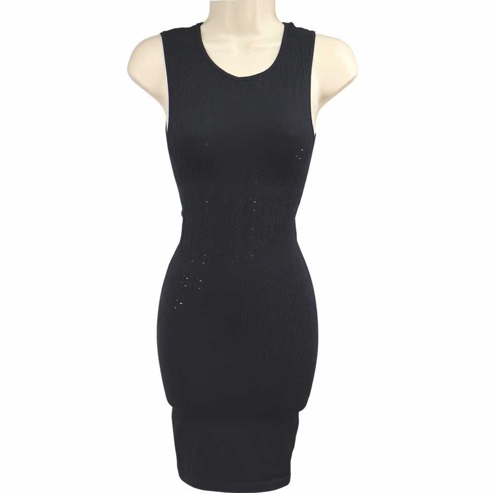 Bebe Black Bodycon Mini Dress Textured Jacquard Knit Sleeveless P/S Y2K USA Made